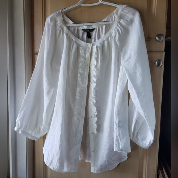 Lauren Ralph Lauren 100 Linen White Blouse button up - Picture 1 of 10